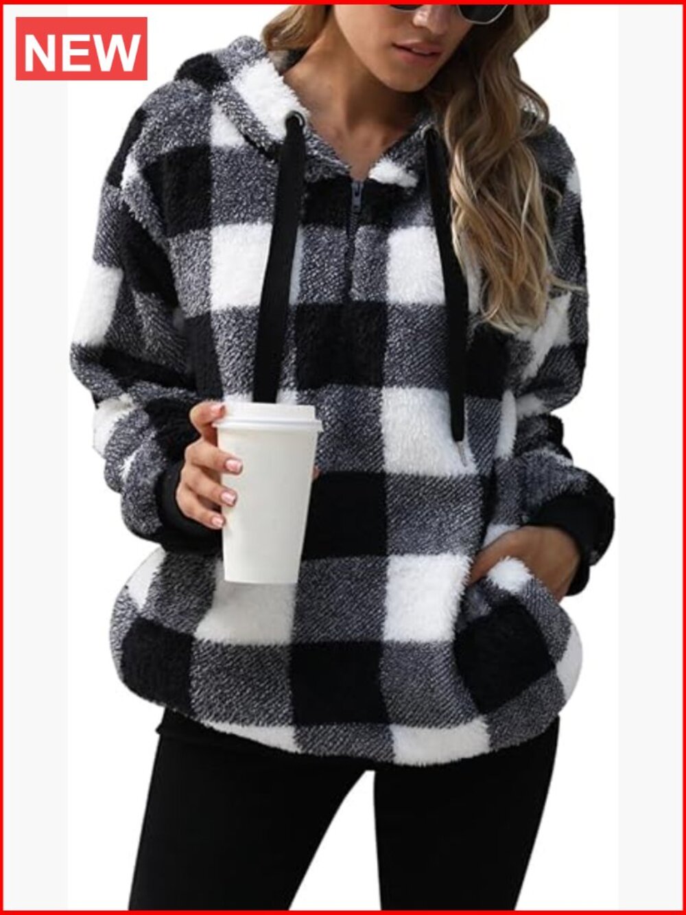 Women's Sherpa Pullover Oversized Fuzzy Hoodie Double Fleece Sweatshirt Plaid - Picture 1 of 6